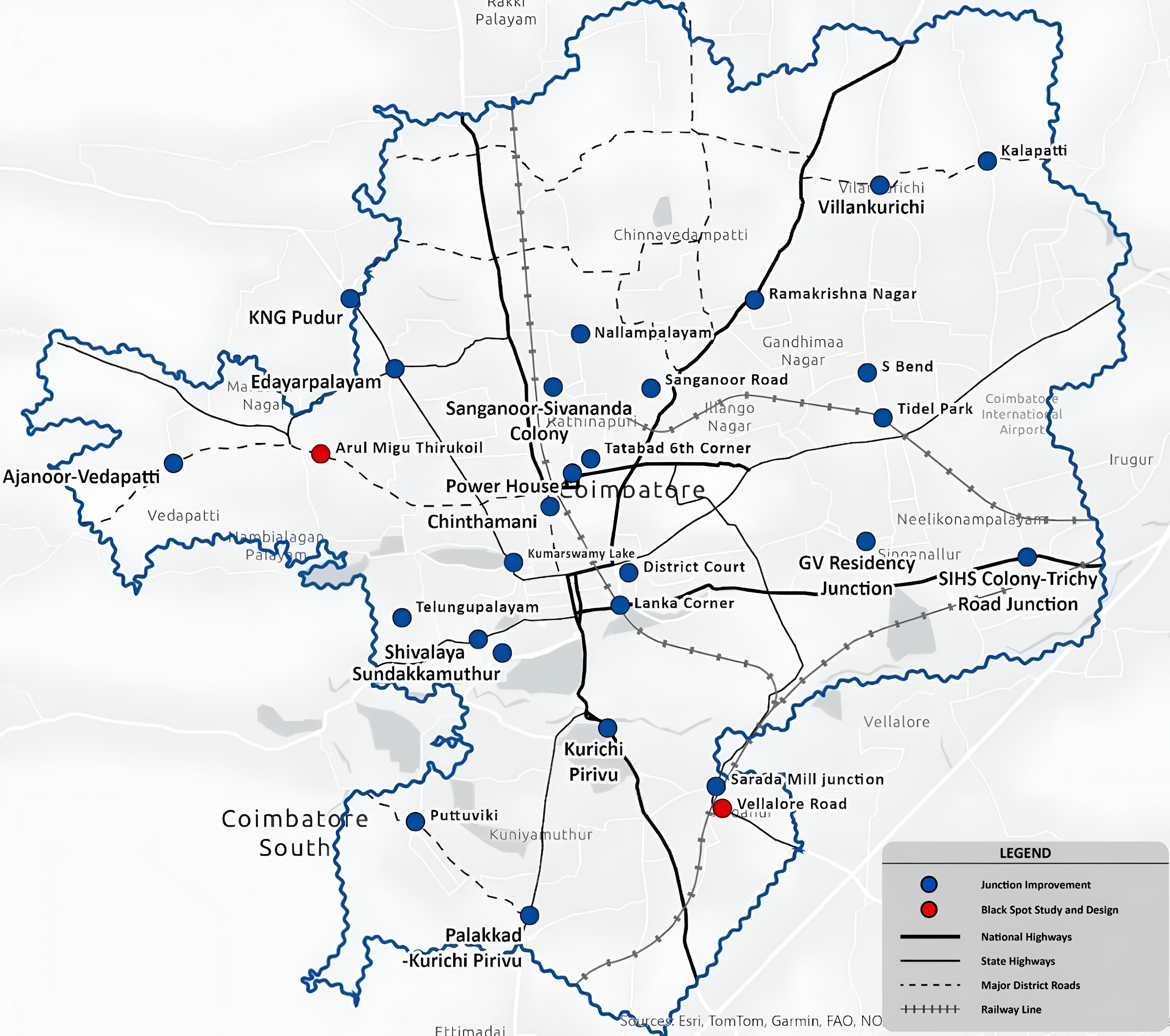 Map showing the 30 critical intersections identified for transformation across Coimbatore city