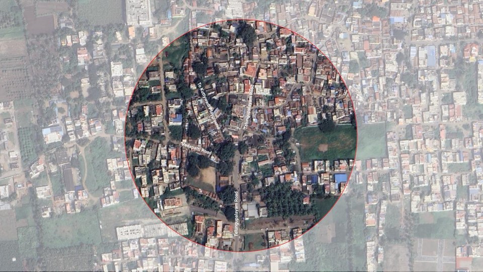 Site Context of Telungupalayam Junction showing the temple and surrounding trees